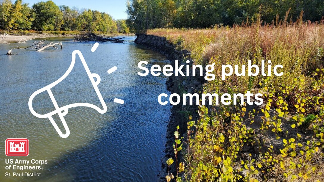 A photo of water and shoreline and white text that says "seeking public comments"