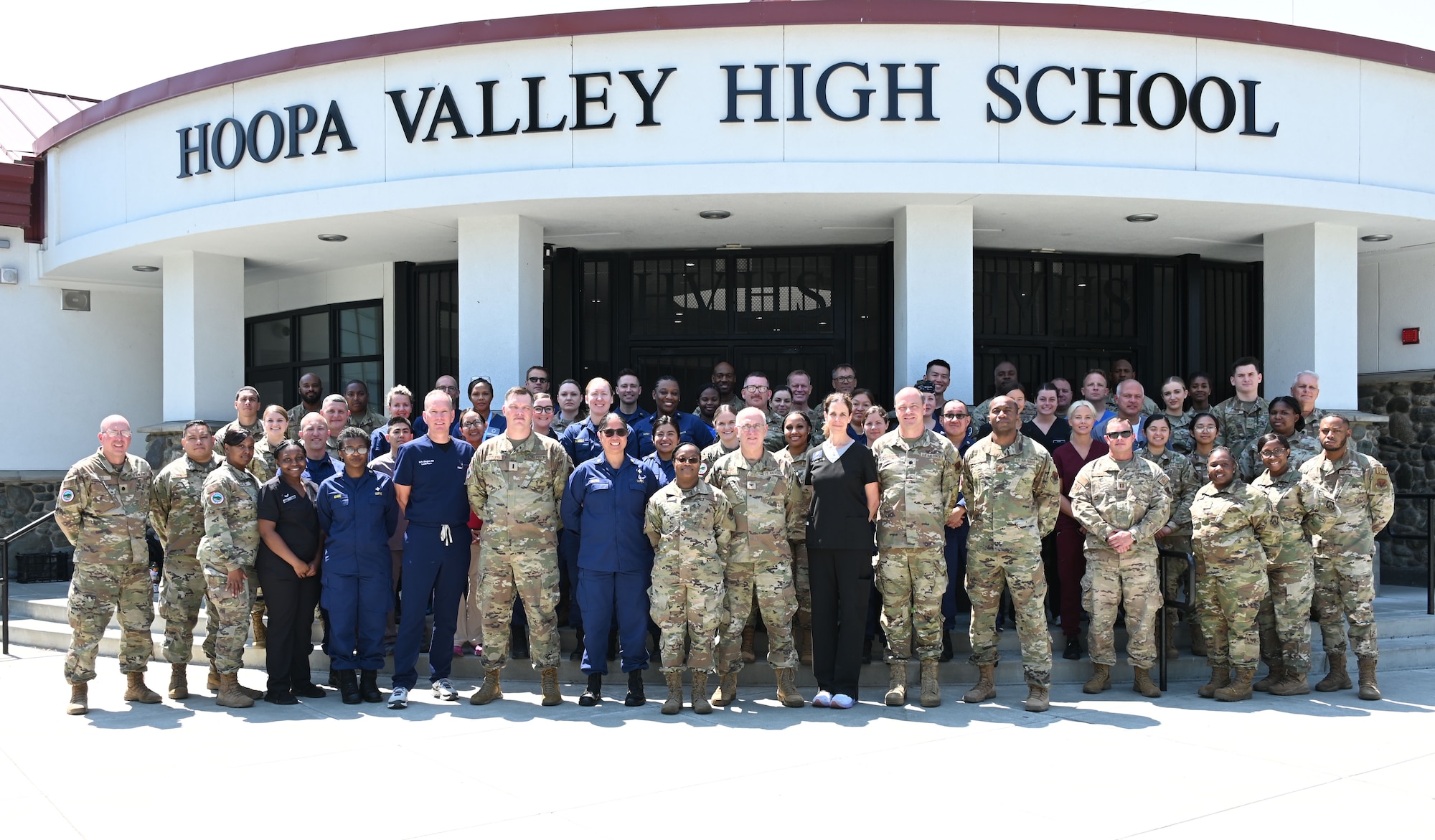 U.S. Air Force Public Health Service, Air National Guardsmen, and Hoopa Health medical professional pose for a group photo during Operation Hoopa Health Services August 1-13, 2023.