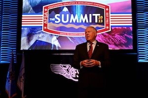 Secretary of the Air Force Frank Kendall speaks with more than 3,000 Airmen and Guardians at the 2023 Air Force Sergeants Association Professional Education and Development Symposium in Dallas, Texas, Aug. 9, 2023. Department of the Air Force senior leaders focused on understanding the strategic competition, the role of service members in building the Force of the Future, professional development, networking and insights from senior service leaders. (U.S. Air Force photo)