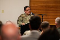 U.S. Air Force Col. Ryan Mihata, commander of the 99th Medical Group, gives his remarks during an honorary commander induction ceremony at Nellis Air Force Base, Nevada, Aug. 18, 2023. Honorary commanders help bridge the gap and communicate openly between base officials and community leaders. (U.S. Air Force photo by Airman 1st Class Jordan McCoy)