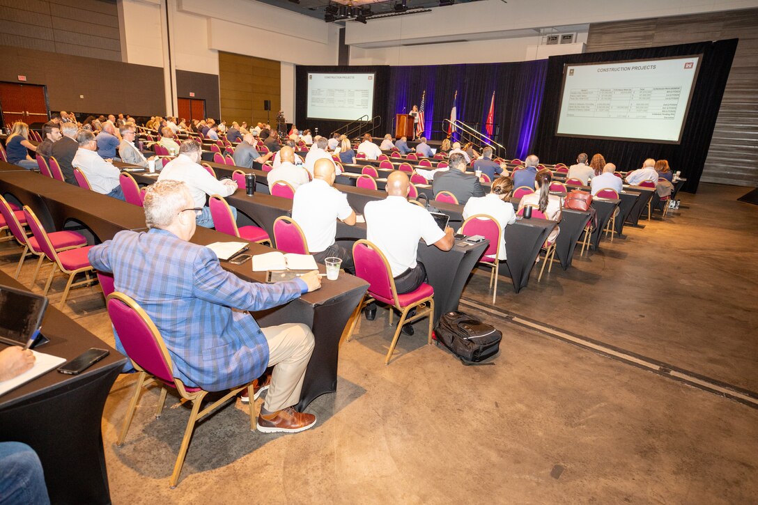 Elizabeth Fiocchi, U.S. Army Corps of Engineers (USACE), Galveston District, Programs Branch chief, speaks at the Galveston District semi-annual Stakeholder Partnering Forum with non-federal sponsors, customers and agency partners at the Moody Gardens Convention Center in Galveston, Texas, Aug. 22, 2023.