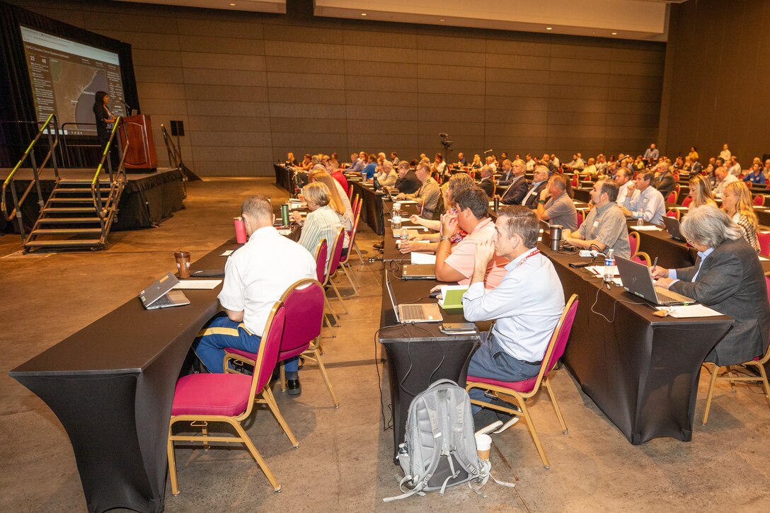 Belynda Kinman, U.S. Army Corps of Engineers (USACE), Galveston District, Deputy Chief, Operations Division, and Chief of Navigation Branch, speaks at the Galveston District semi-annual Stakeholder Partnering Forum with non-federal sponsors, customers and agency partners at the Moody Gardens Convention Center in Galveston, Texas, Aug. 22, 2023.