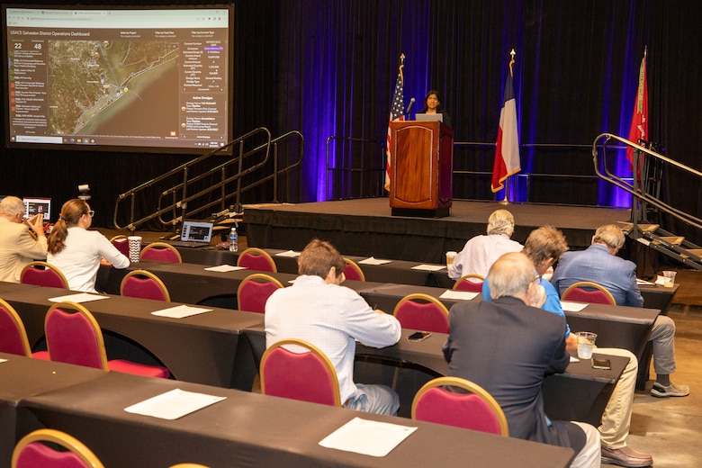 Belynda Kinman, U.S. Army Corps of Engineers (USACE), Galveston District, Deputy Chief, Operations Division, and Chief of Navigation Branch, speaks at the Galveston District semi-annual Stakeholder Partnering Forum with non-federal sponsors, customers and agency partners at the Moody Gardens Convention Center in Galveston, Texas, Aug. 22, 2023.