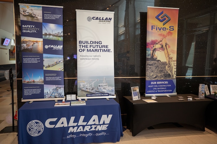 Industry stakeholders set up information booths about their business capabilities at the U.S. Army Corps of Engineers (USACE), Galveston District, semi-annual Stakeholder Partnering Forum with non-federal sponsors, customers and agency partners at the Moody Gardens Convention Center in Galveston, Texas, Aug. 22, 2023.
