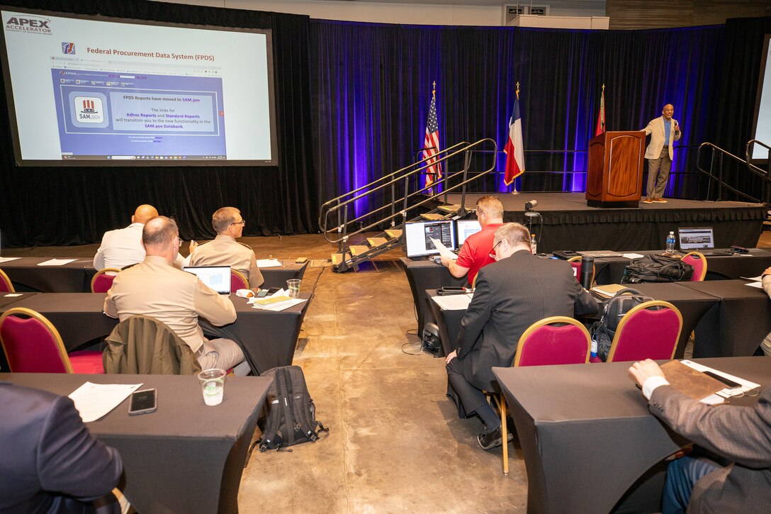 Dennis McIntosh, Procurement Advisor, Univ. of Houston APEX Accelerator program, speaks at the U.S. Army Corps of Engineers (USACE), Galveston District semi-annual Stakeholder Partnering Forum with non-federal sponsors, customers and agency partners at the Moody Gardens Convention Center in Galveston, Texas, Aug. 22, 2023.