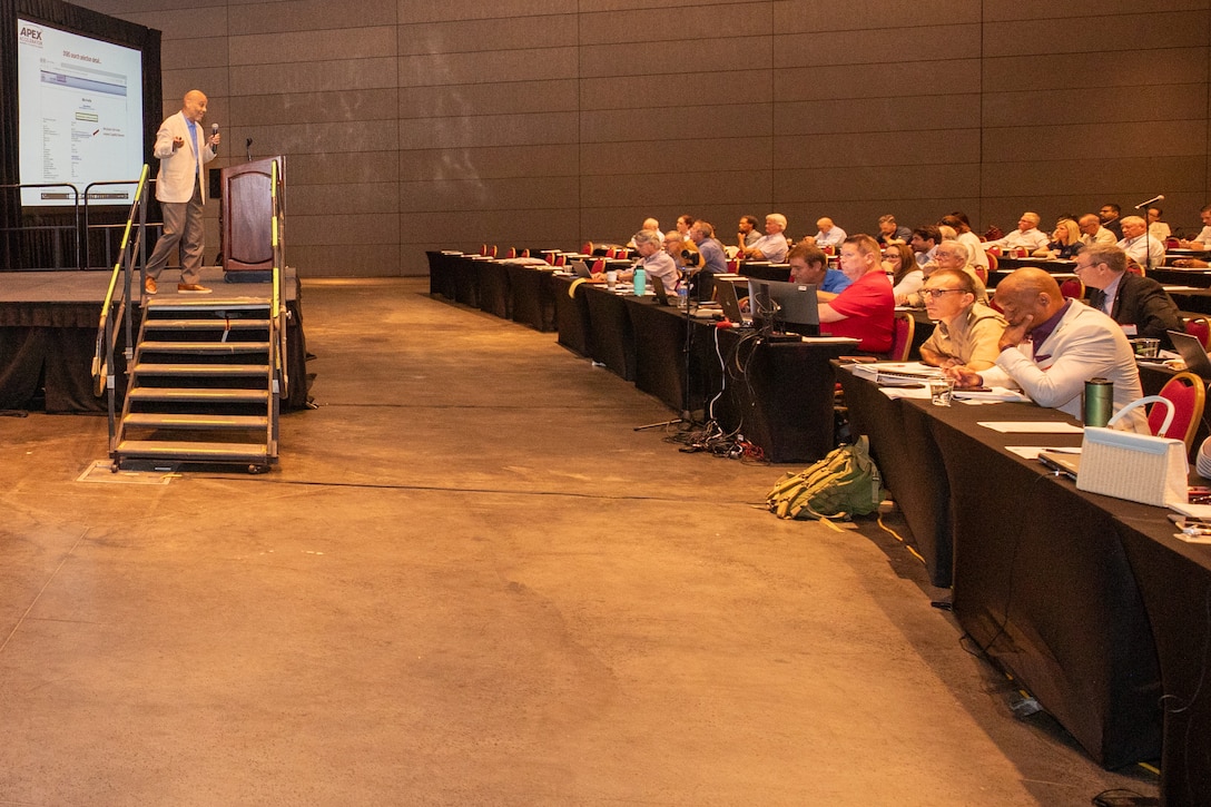 Dennis McIntosh, Procurement Advisor, Univ. of Houston APEX Accelerator program, speaks at the U.S. Army Corps of Engineers (USACE), Galveston District semi-annual Stakeholder Partnering Forum with non-federal sponsors, customers and agency partners at the Moody Gardens Convention Center in Galveston, Texas, Aug. 22, 2023.