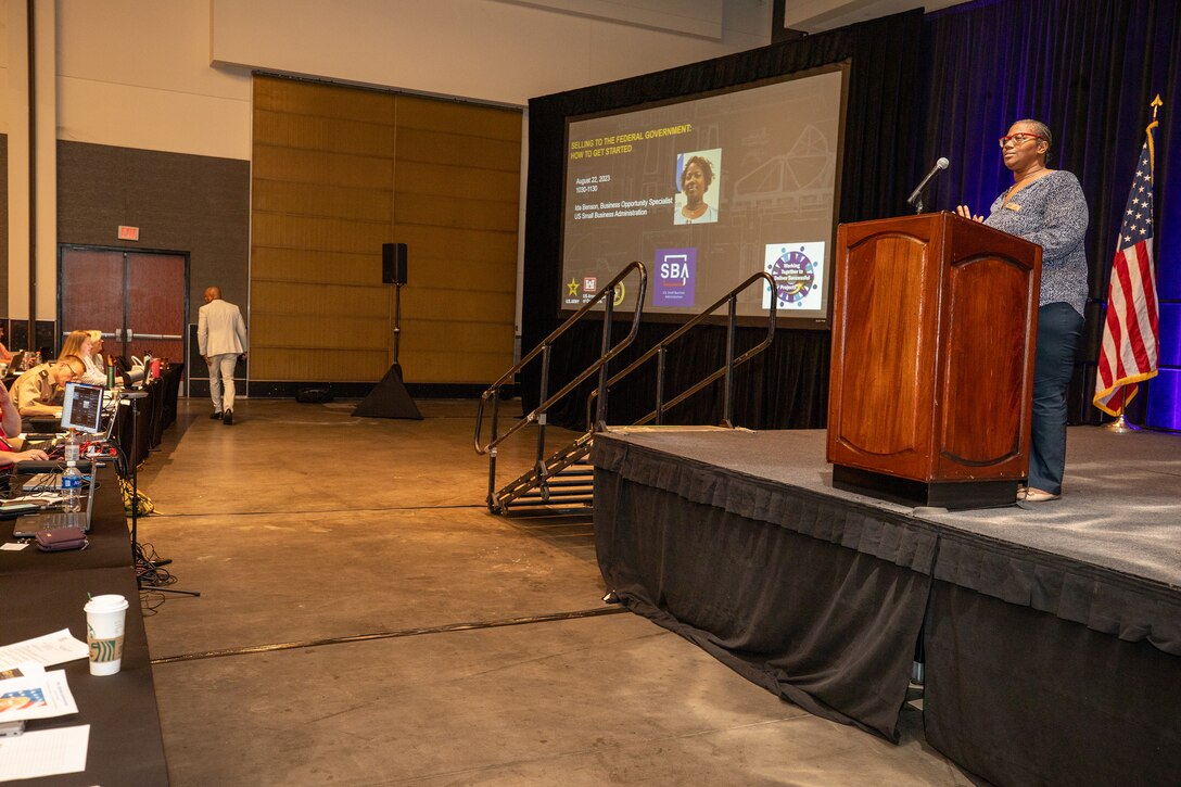 Ida Benson, Business Opportunity Specialist, Small Business Administration (SBA), speaks at the U.S. Army Corps of Engineers (USACE), Galveston District semi-annual Stakeholder Partnering Forum with non-federal sponsors, customers and agency partners at the Moody Gardens Convention Center in Galveston, Texas, Aug. 22, 2023.