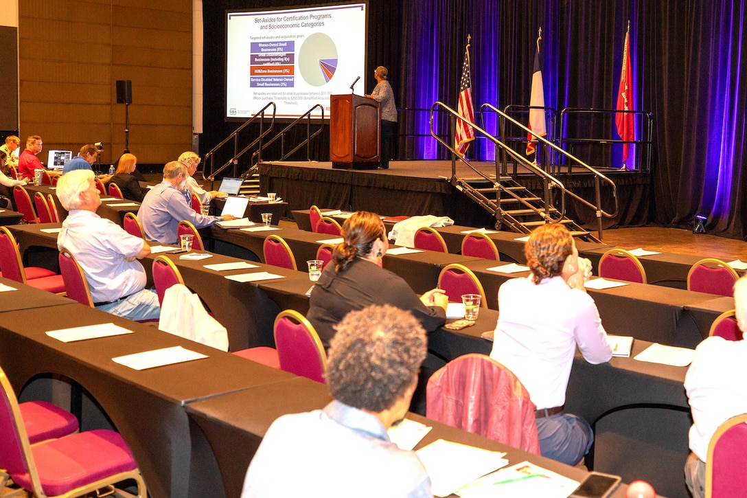 Ida Benson, Business Opportunity Specialist, Small Business Administration (SBA), speaks at the U.S. Army Corps of Engineers (USACE), Galveston District semi-annual Stakeholder Partnering Forum with non-federal sponsors, customers and agency partners at the Moody Gardens Convention Center in Galveston, Texas, Aug. 22, 2023.