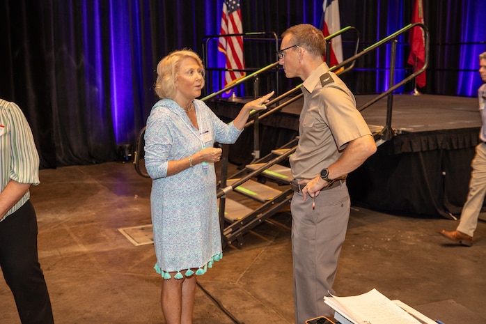 Col. Rhett Blackmon, U.S. Army Corps of Engineers (USACE), Galveston District, commander, speaks with Rhonda Gregg Hirsch, Atkins Global, project director, during a break at the USACE, Galveston District semi-annual Stakeholder Partnering Forum with non-federal sponsors, customers and agency partners at the Moody Gardens Convention Center in Galveston, Texas, Aug. 22, 2023.