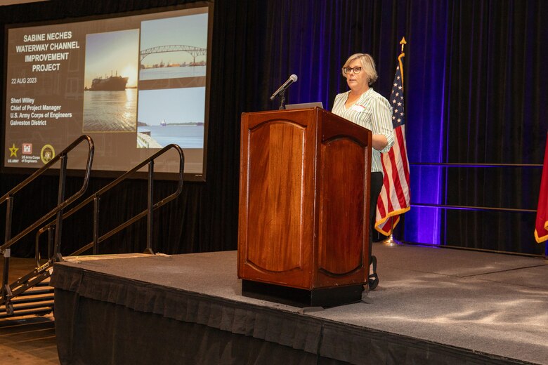 Sheri Willey, U.S. Army Corps of Engineers (USACE), Galveston District, Project Management Branch chief, speaks about the Sabine Neches Waterway Channel Improvement Project at the Galveston District semi-annual Stakeholder Partnering Forum with non-federal sponsors, customers and agency partners at the Moody Gardens Convention Center in Galveston, Texas, Aug. 22, 2023.
