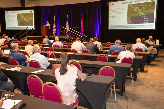 Sheri Willey, U.S. Army Corps of Engineers (USACE), Galveston District, Project Management Branch chief, speaks about the Sabine Neches Waterway Channel Improvement Project at the Galveston District semi-annual Stakeholder Partnering Forum with non-federal sponsors, customers and agency partners at the Moody Gardens Convention Center in Galveston, Texas, Aug. 22, 2023.