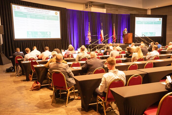 Enrique Villagomez, U.S. Army Corps of Engineers (USACE), Galveston District, Mega Project Division, Orange County program manager, speaks about the Sabine Pass to Galveston Bay (S2G) project at the Galveston District semi-annual Stakeholder Partnering Forum with non-federal sponsors, customers and agency partners at the Moody Gardens Convention Center in Galveston, Texas, Aug. 22, 2023.