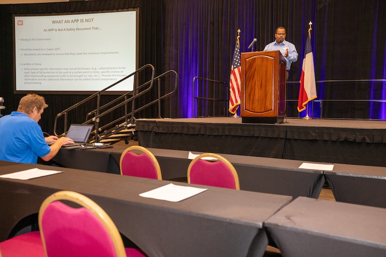 Vernon Griffin, U.S. Army Corps of Engineers (USACE), Galveston District, Occupational Safety and Health Specialist, speaks about Accident Prevention Plans (APPs) for contractors at the Galveston District semi-annual Stakeholder Partnering Forum with non-federal sponsors, customers and agency partners at the Moody Gardens Convention Center in Galveston, Texas, Aug. 22, 2023. More than 300 stakeholders, including many small business owners, attended the first day of the two-day forum.