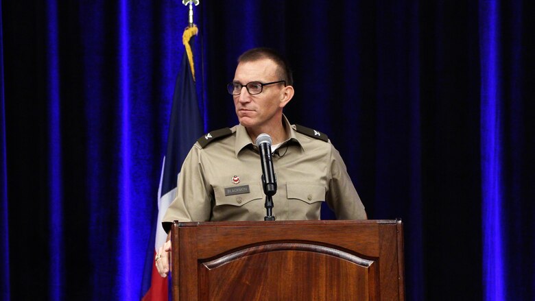 Col. Rhett Blackmon, U.S. Army Corps of Engineers, Galveston District commander, gives opening remarks at the Galveston District semi-annual Stakeholder Partnering Forum with non-federal sponsors, customers and agency partners at the Moody Gardens Convention Center in Galveston, Texas, Aug. 22, 2023.