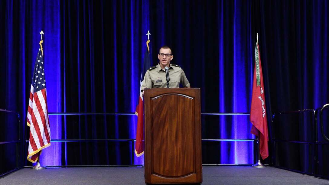 Col. Rhett Blackmon, U.S. Army Corps of Engineers, Galveston District commander, gives opening remarks at the Galveston District semi-annual Stakeholder Partnering Forum with non-federal sponsors, customers and agency partners at the Moody Gardens Convention Center in Galveston, Texas, Aug. 22, 2023.