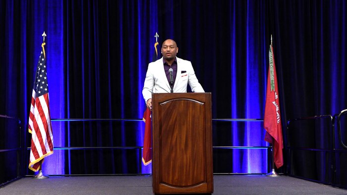 Byron Williams, U.S. Army Corps of Engineers (USACE), Galveston District, deputy district engineer, gives opening remarks at the Galveston District semi-annual Stakeholder Partnering Forum with non-federal sponsors, customers and agency partners at the Moody Gardens Convention Center in Galveston, Texas, Aug. 22, 2023.