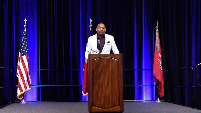 Byron Williams, U.S. Army Corps of Engineers (USACE), Galveston District, deputy district engineer, gives opening remarks at the Galveston District semi-annual Stakeholder Partnering Forum with non-federal sponsors, customers and agency partners at the Moody Gardens Convention Center in Galveston, Texas, Aug. 22, 2023.