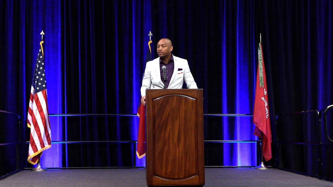 Byron Williams, U.S. Army Corps of Engineers (USACE), Galveston District, deputy district engineer, gives opening remarks at the Galveston District semi-annual Stakeholder Partnering Forum with non-federal sponsors, customers and agency partners at the Moody Gardens Convention Center in Galveston, Texas, Aug. 22, 2023.