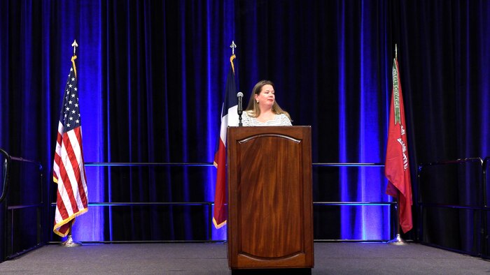 Elizabeth Fiocchi, U.S. Army Corps of Engineers (USACE), Galveston District, Programs Branch chief, speaks at the Galveston District semi-annual Stakeholder Partnering Forum with non-federal sponsors, customers and agency partners at the Moody Gardens Convention Center in Galveston, Texas, Aug. 22, 2023.