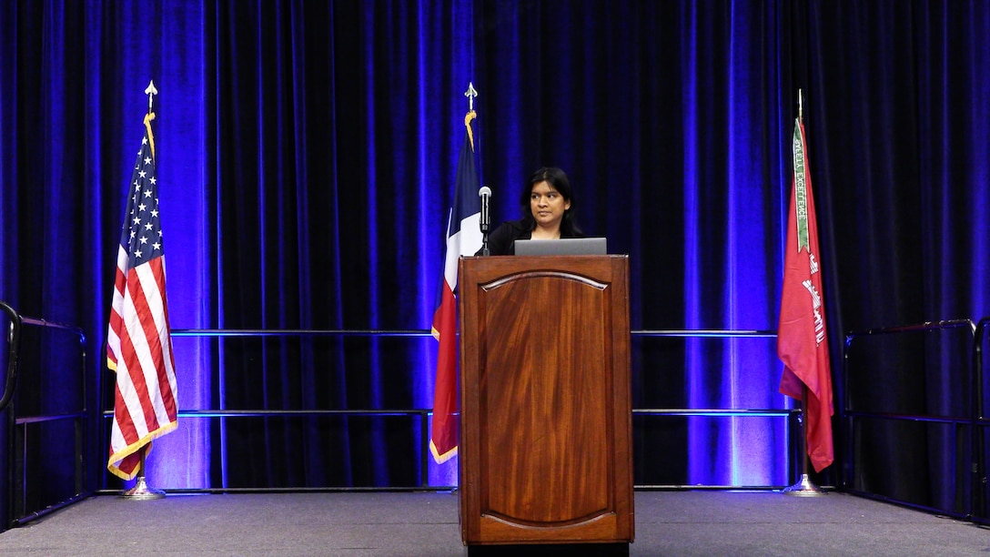 Belynda Kinman, U.S. Army Corps of Engineers (USACE), Galveston District, Deputy Chief, Operations Division, and Chief of Navigation Branch, speaks at the Galveston District semi-annual Stakeholder Partnering Forum with non-federal sponsors, customers and agency partners at the Moody Gardens Convention Center in Galveston, Texas, Aug. 22, 2023.