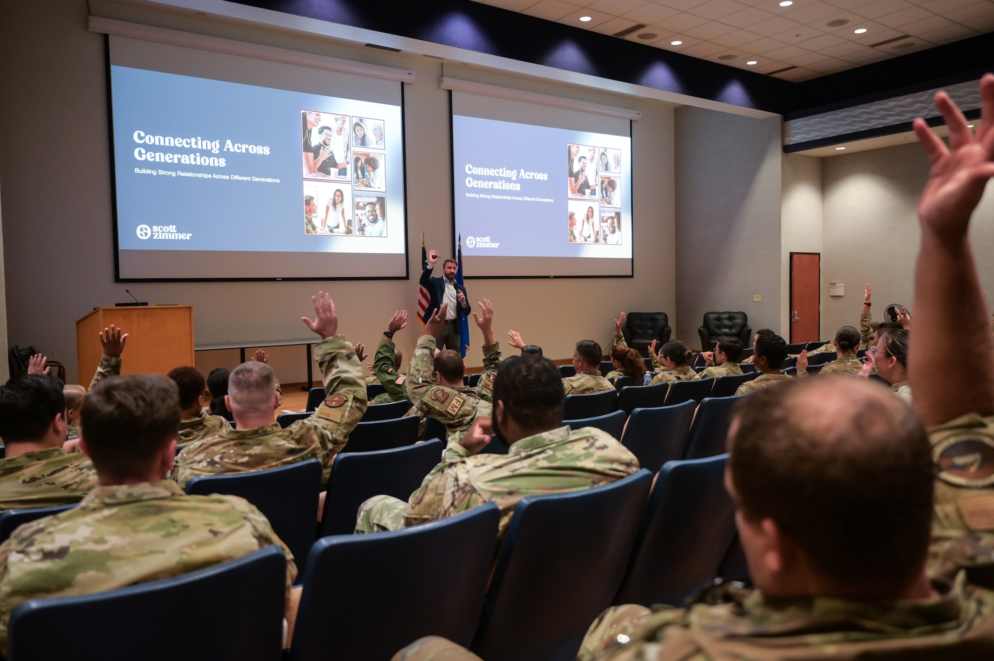 Scott Zimmer, a generational leadership keynote speaker, interacts with Airmen assigned to Team Hickam during a professional development seminar at Joint Base Pearl Harbor-Hickam, Hawaii, Aug. 22, 2023. Zimmer discussed influential advances that occurred during each generation’s formative years, and their influence on each generation's frame of mind. (U.S. Air Force photo by Staff Sgt. Alan Ricker)
