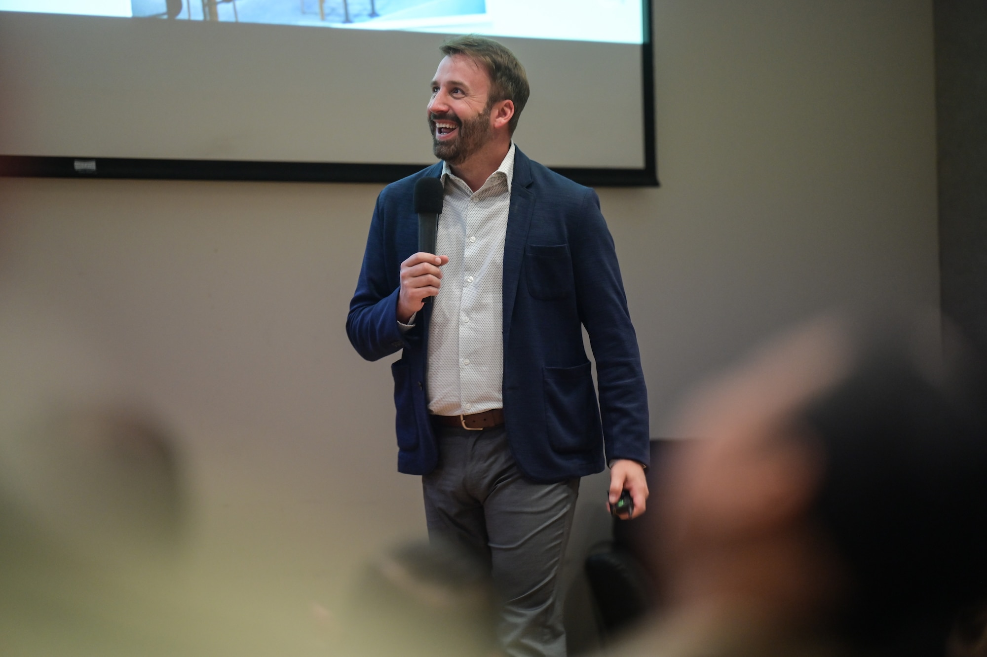 Scott Zimmer, a generational leadership keynote speaker, speaks to Airmen assigned to Team Hickam during a professional development seminar at Joint Base Pearl Harbor-Hickam, Hawaii, Aug. 22, 2023. The seminar was held to help bridge the gap between generations of Airmen, enhancing their understanding, communication techniques, and leadership skills. (U.S. Air Force photo by Staff Sgt. Alan Ricker)