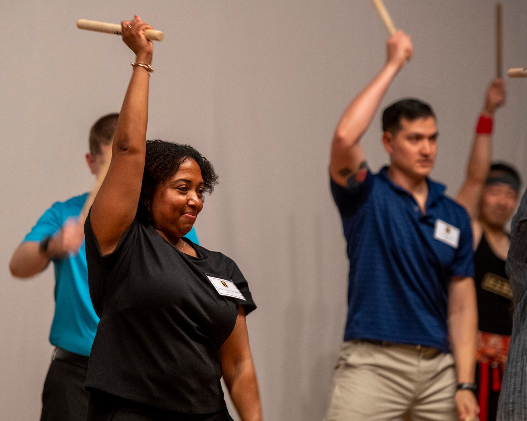 U.S. Air Force Command Chief Master Sgt. Cheronica Blandburg, 35th Fighter Wing command chief, plays the taiko drum during a lesson held at the Misawa International Center.