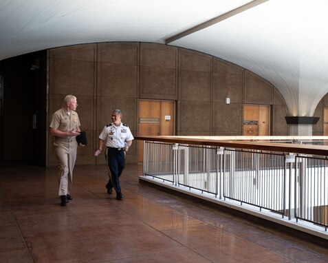 Joint Task Force-Red Hill (JTF-RH) Commander, U.S. Navy Vice Adm. John Wade (left) and JTF-RH Strategic Engagement Director, U.S. Army Brig. Gen. Lance Okamura, enter the Hawaii State Capitol to meet with the House Special Committee on Red Hill, Honolulu, Hawaii, Aug. 24, 2023. JTF-RH is in phase three of its five-phase defueling plan. Personnel are focused on quality control tasks, training, response preparation, the National Environmental Policy Act Environmental Assessment, regulatory approvals and operational planning for all major milestones. This extensive preparatory work will help ensure the safe and expeditious defueling of the Red Hill Bulk Fuel Storage Facility. (DoD photo by U.S. Marine Corps Cpl. Gabrielle Zagorski)