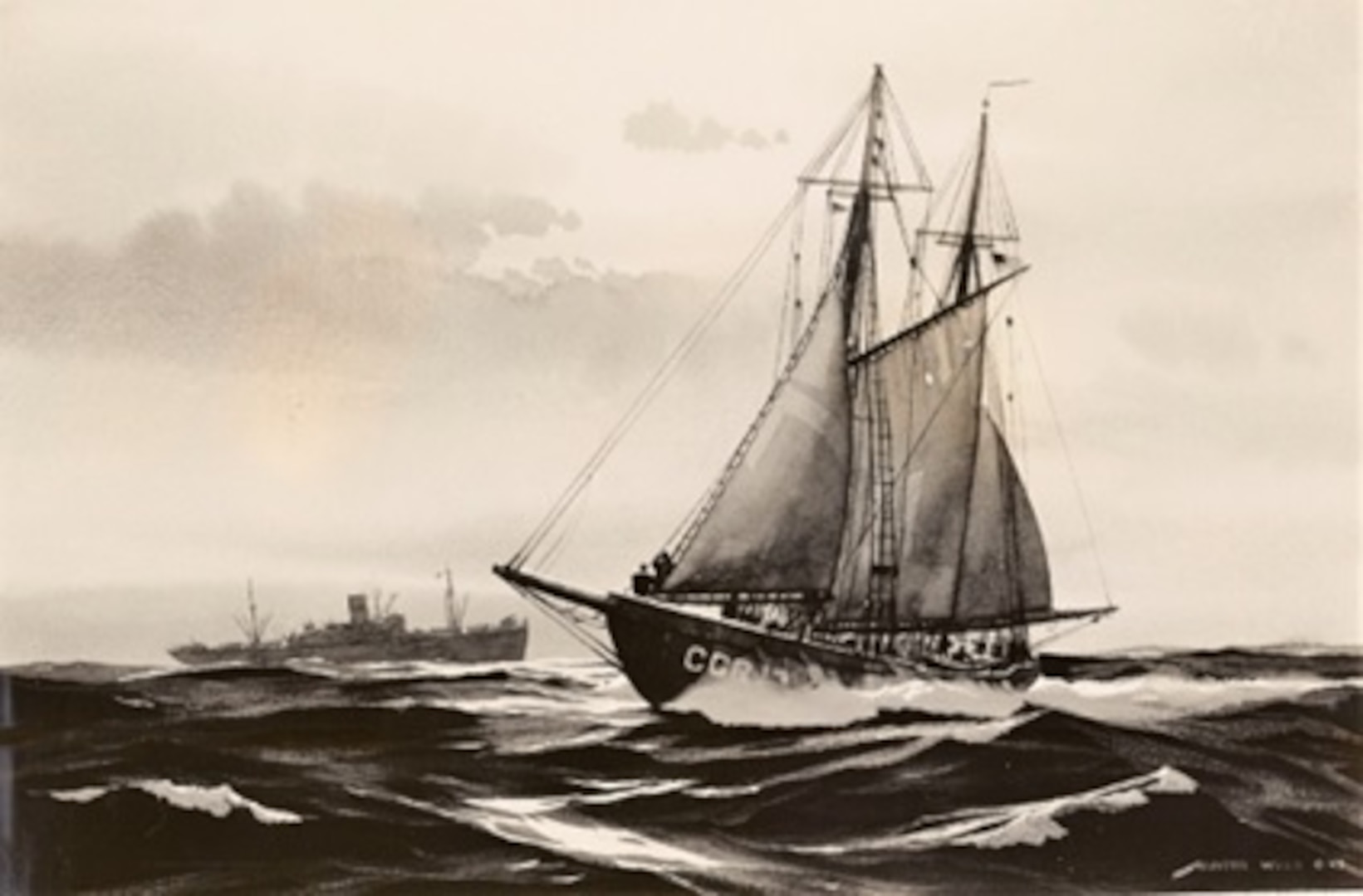 Photograph of watercolor titled “Eyes Off Shore,” which shows a Coast Guard Reserve schooner of the Corsair Fleet, by Coast Guard artist Hunter Wood. (National Archives and Records Administration, 205575831)