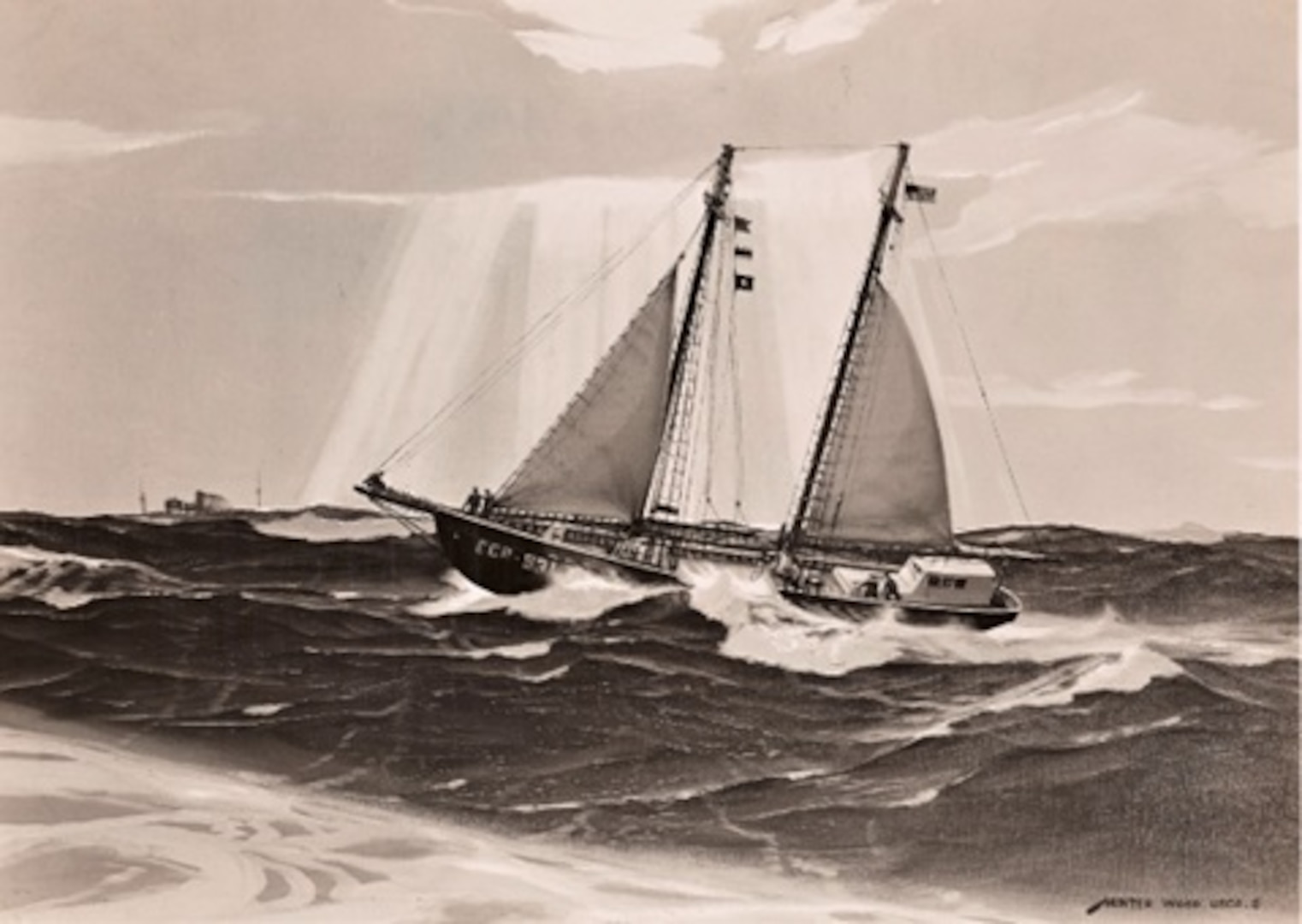 Photograph of oil painting title “Coast Guard Corsair on U-Boat Hunt,” which shows the Corsair Fleet Patrols off Newfoundland, by Coast Guard artist Hunter Wood. (National Archives and Records Administration, 205575915)