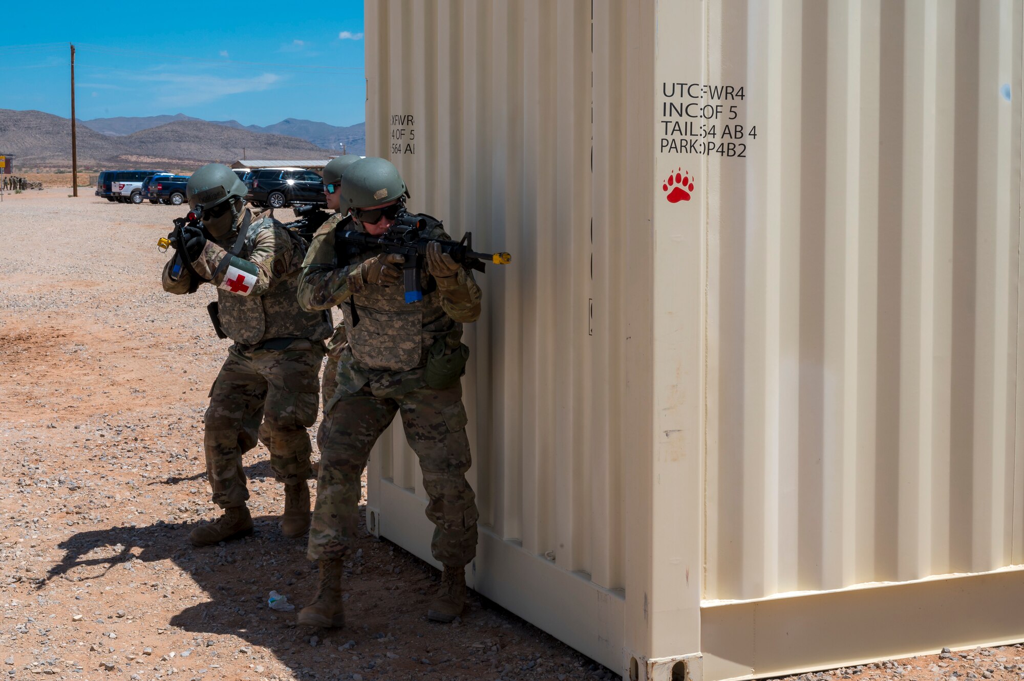 Airmen with the 7th Civil Engineer Squadron participate in the Air Force Installation and Mission Support Center’s final Combat Support Training Range proof of concept at Fort Bliss, Texas, Aug. 13-18, 2023. The CSTR initiative expands multi-functional training opportunities for installation and mission support Airmen to practice for future adaptive operations and agile combat employment in contested environments and austere locations. The sites will be equipped with high-demand training assets often not available at a unit’s home station. (U.S. Air Force photo by Malcolm McClendon)