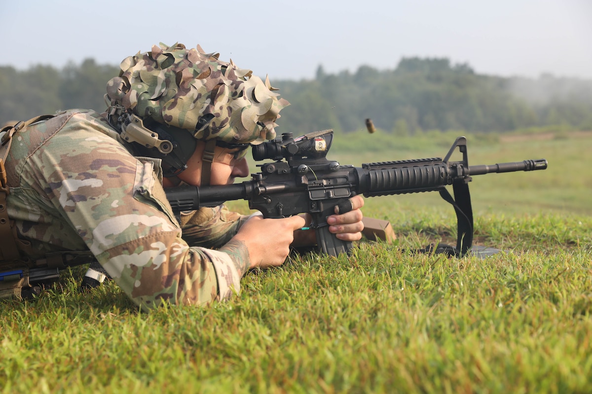 New York Army National Guard Staff Sgt. Adam Crist, a human resources specialist with 2nd Squadron, 101st Cavalry Regiment, engages a target during the Marksmanship Advisory Council (MAC) Regional Championship on Camp Ethan Allen Training Site, Vermont, Aug. 20, 2023.