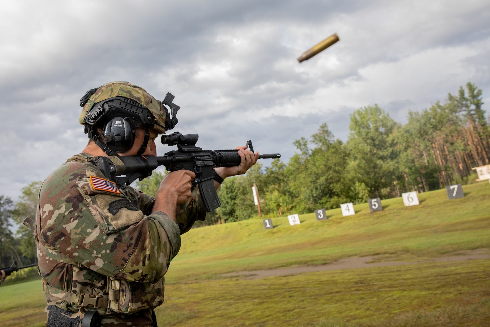 Capt. Robert Mazelle, Charlie Company, 3rd of the 172nd Infantry Regiment (Mountain), New Hampshire Army National Guard, shoots a timed rifle match during the Marksmanship Advisory Council “MAC” Region 1 Championship on Aug. 18, 2023, at the Camp Ethan Allen Training Site in Jericho, Vermont. Photo by Spc. Joseph Liggio, NYNG Public Affairs.