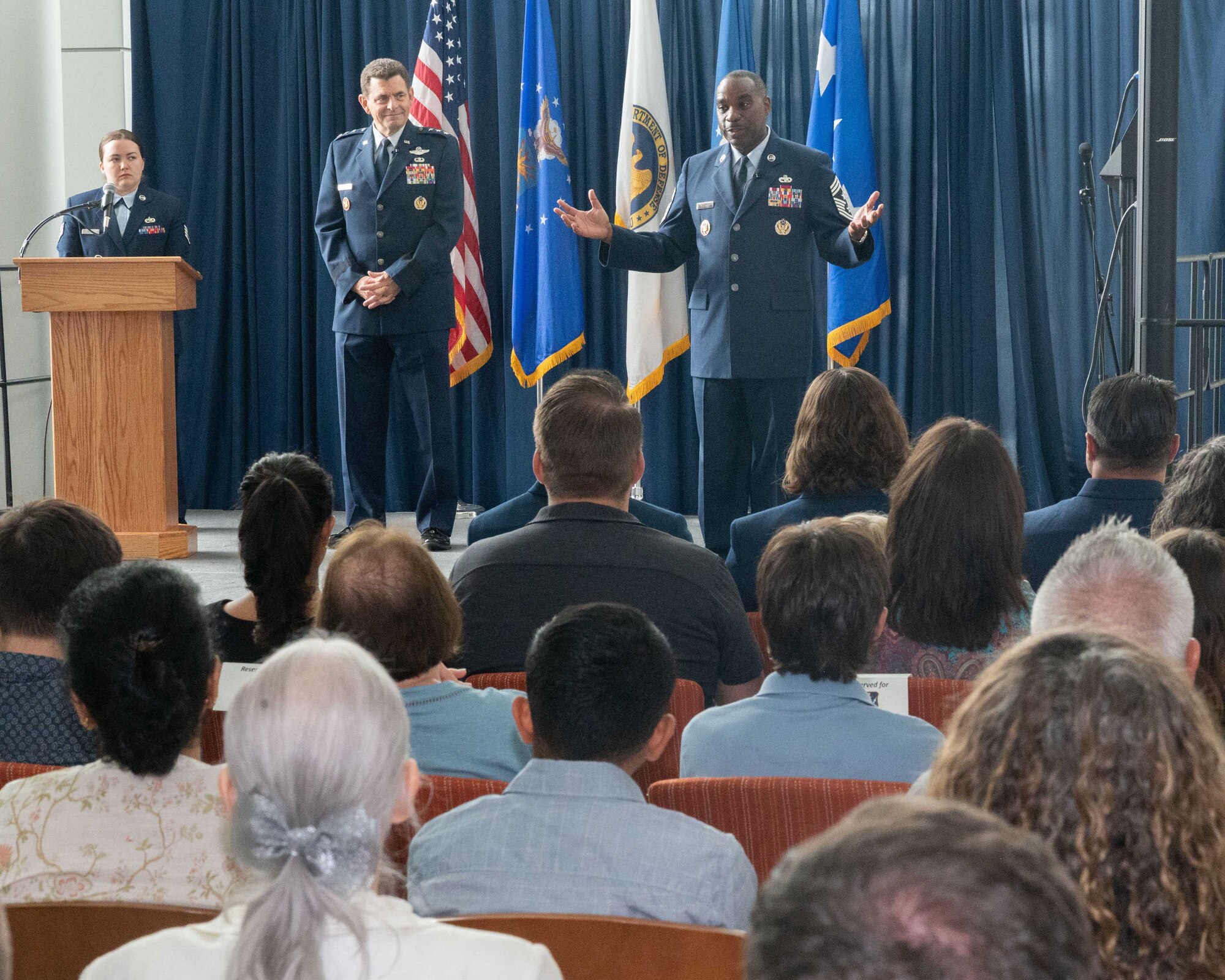 U.S. Air Force Chief Master Sgt. Maurice Williams, center right, command chief, Air National Guard speaks to Airmen during the Outstanding Airmen of the Year ceremony as the culmination of the ANG’s Focus on the Force Week, at the Air National Guard Readiness Center, Joint Base Andrews, Maryland, Aug. 24, 2023.