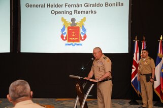 General Commander of the Colombian Military Forces, Gen. Helder Giraldo, addresses attendees during the opening ceremony of the South American Defense Conference 2023 (SOUTHDEC 23).