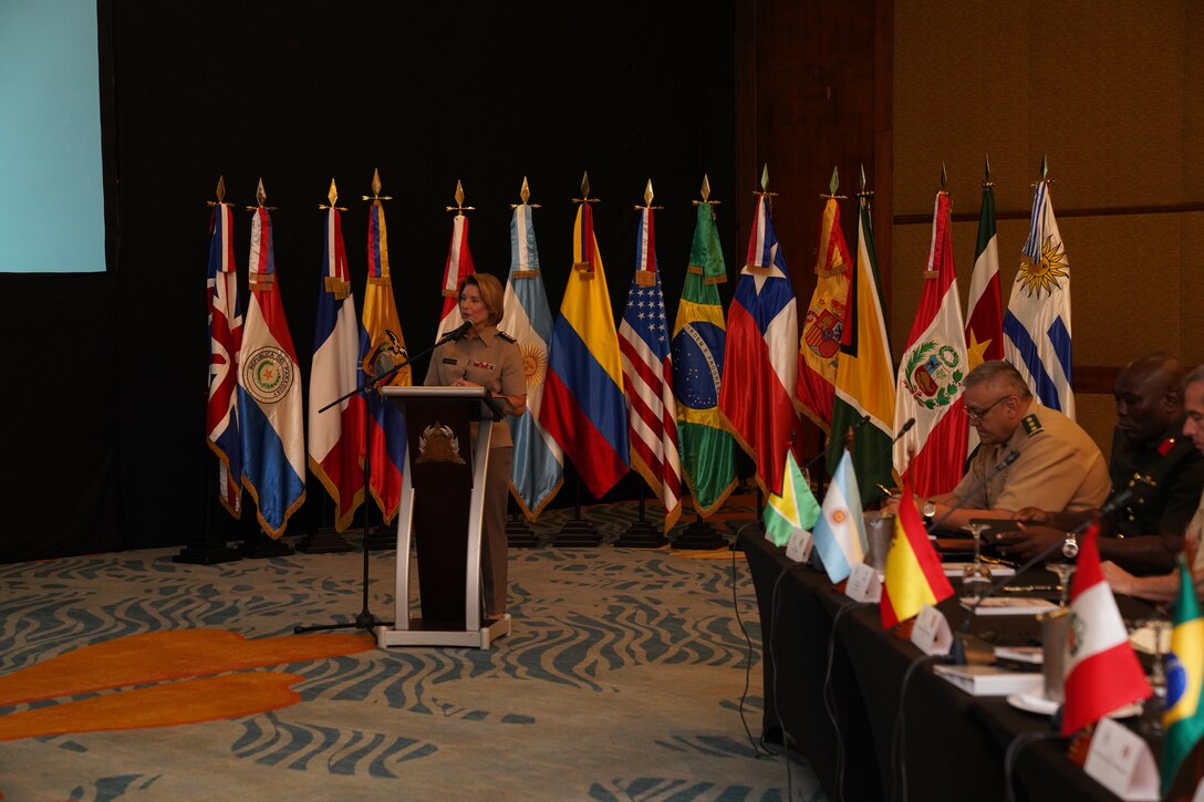 U.S. Army Gen. Laura J. Richardson, the commander of U.S. Southern Command, addresses attendees during the opening ceremony of the South American Defense Conference 2023 (SOUTHDEC 23).