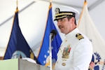 Incoming Naval Surface Warfare Center Indian Head Division Commanding Officer Capt. Stephen Duba addresses the audience at the change of command ceremony at Naval Support Facility Indian Head, Md., Aug. 25. Duba will now oversee the DoD’s largest full-spectrum energetics facility and the Navy’s only public arsenal supporting the DoD, the nation’s partners and allies.