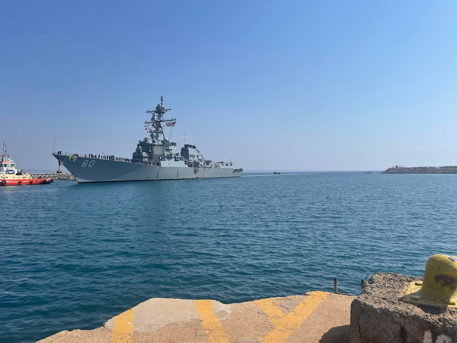 The Arleigh Burke-class guided-missile destroyer USS Roosevelt (DDG 80) arrives in Larnaca, Cyprus for a scheduled port visit. Roosevelt is on a scheduled deployment in the U.S. Naval Forces Europe area of operations, employed by the U.S. Sixth Fleet to defend U.S., allied and partner interests.(U.S. Embassy Cyprus courtesy photo)