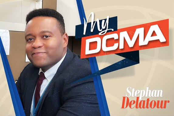 A man faces towards the camera with the MyDCMA graphic surrounding him.