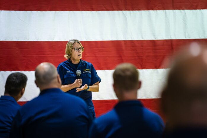 Admiral Fagan speaking to all hands at Coast Guard Sector Anchorage