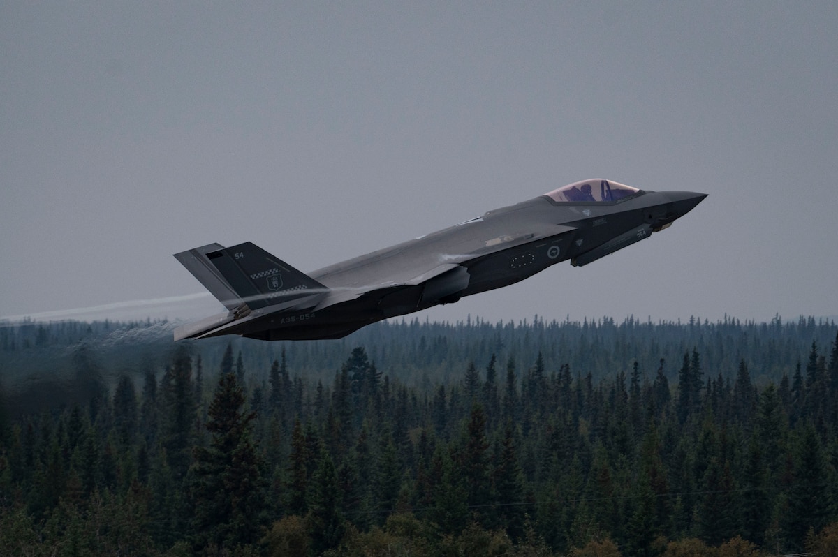 A Royal Australian Air Force F-35A Lightning II takes flight to execute a Red Flag-Alaska 23-3 mission at Eielson Air Force Base, Alaska, Aug. 22, 2023. Red Flag serves as an ideal platform for international engagement and the exercise has a long history of including allies and partners. (U.S. Air Force photo by Senior Airman Megan Estrada)
