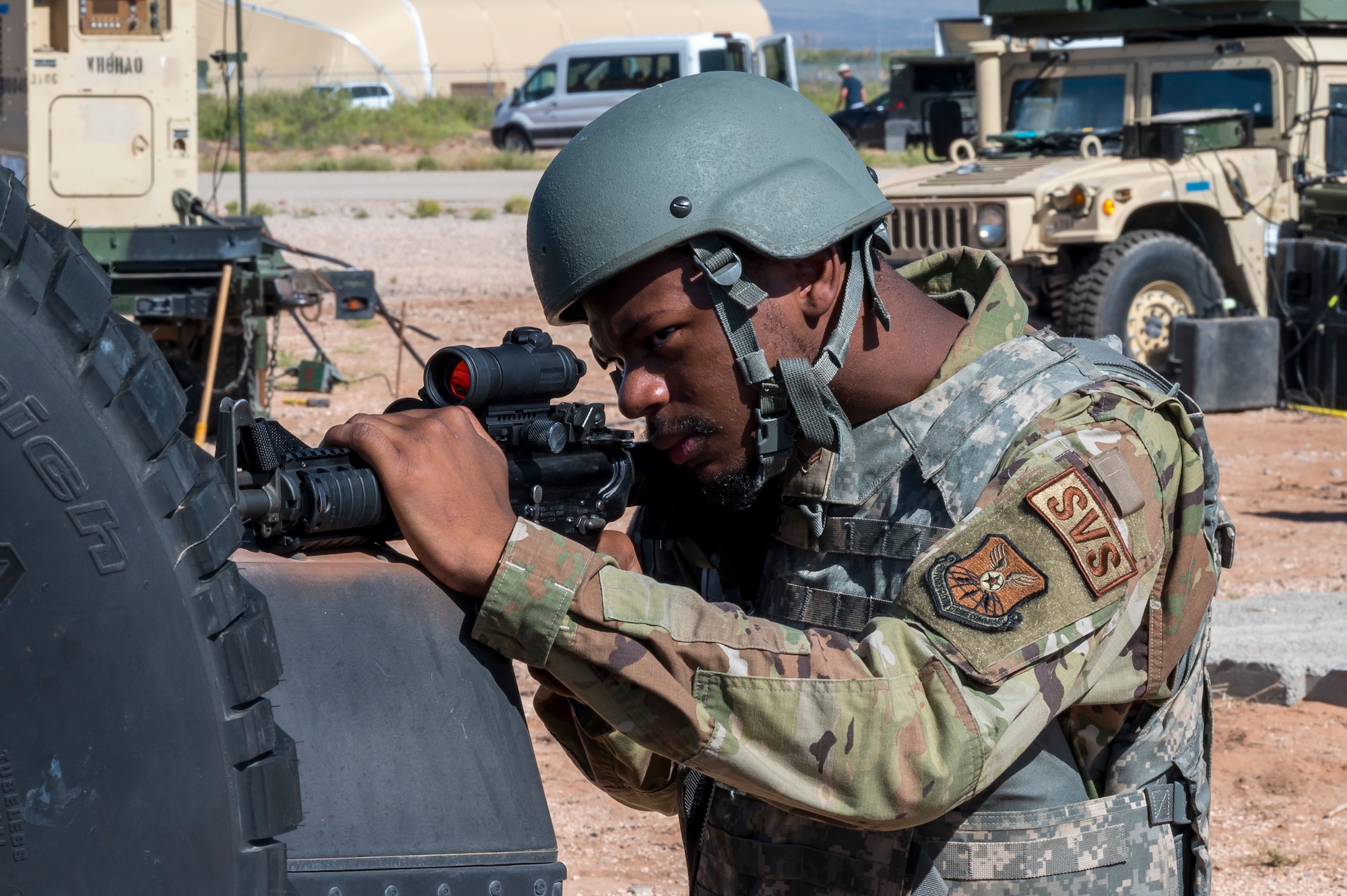 Airman 1st Class Brandon Rice, 7th Force Support Squadron food service technician, cross trains with security forces personnel during the Air Force Installation and Mission Support Center’s final Combat Support Training Range proof of concept at Fort Bliss, Texas, Aug. 13-18, 2023. The CSTR initiative expands multi-functional training opportunities for installation and mission support Airmen to practice for future adaptive operations and agile combat employment in contested environments and austere locations. The sites will be equipped with high-demand training assets often not available at a unit’s home station. (U.S. Air Force photo by Malcolm McClendon)