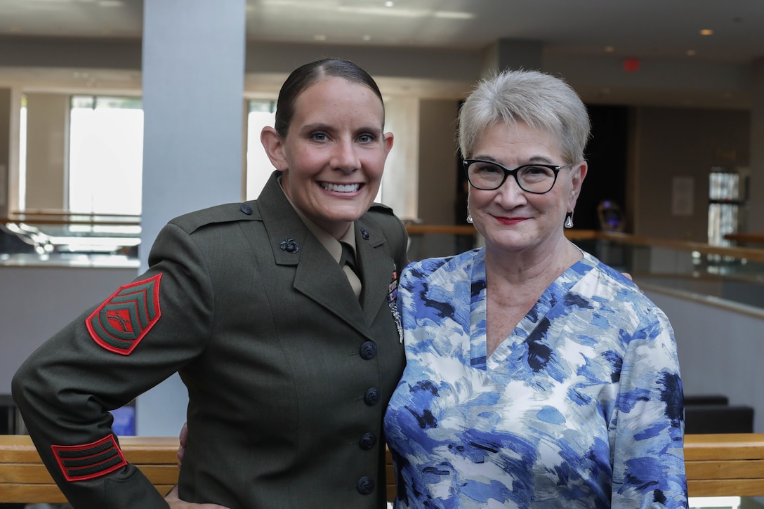 U.S. Marine Corps Gunnery Sgt. Shannell M. Styczynski, a logistics operations instructor, attends an awards ceremony in Arlington, Virginia, Aug. 10, 2023. Styczynski, a native of Green Bay, Wisconsin, was recognized by the Marine Corps as the Formal School Instructor of the Year for 2022. (U.S. Marine Corps photo by Cpl. Tanner Pittard)