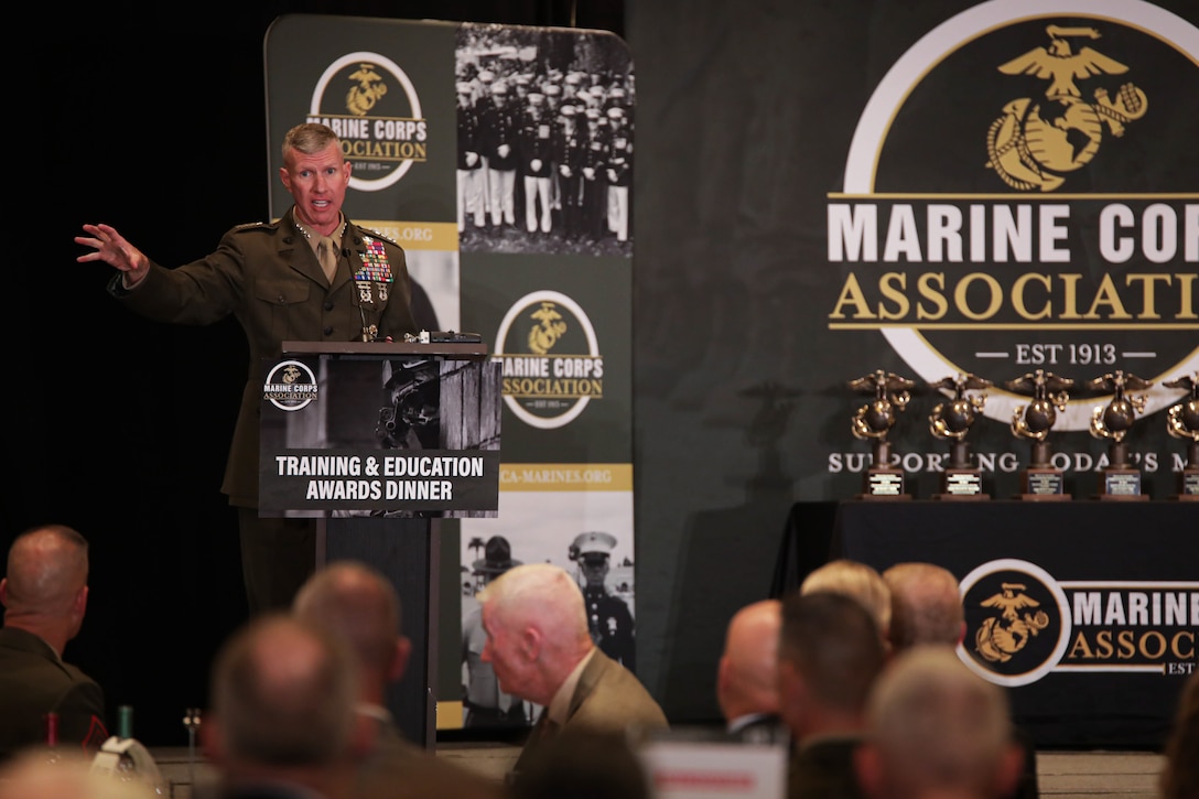 U.S. Marine Corps Gen. Eric M. Smith, 36th Assistant Commandant of the Marines Corps, gives remarks during an awards ceremony in Arlington, Virginia, Aug. 10, 2023. Smith was the guest of honor at the Training and Education awards ceremony. (U.S. Marine Corps photo by Cpl. Tanner Pittard)