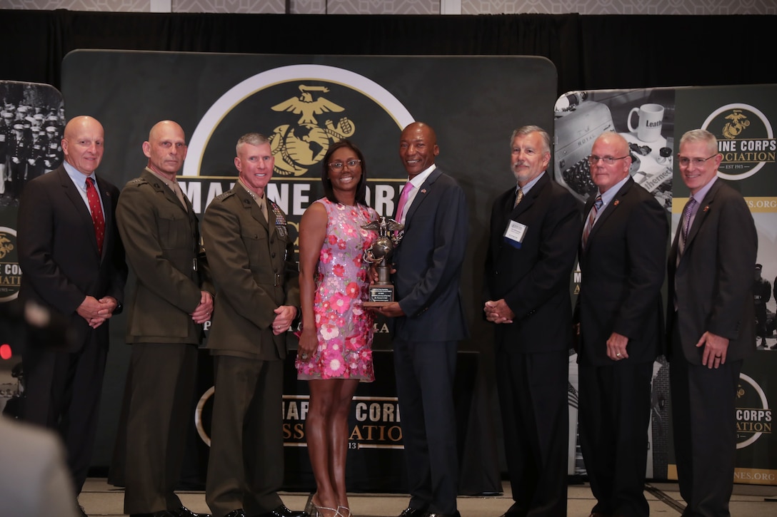 U.S. Marine Corps Chief Warrant Officer 3 (Ret.) Tyrone V. Hall, a Marine Corps Junior Reserve Officers Training Corps (MCJROTC) instructor, is honored during an awards ceremony in Arlington, Virginia, Aug. 10, 2023. Hall, a native of Robinsonville, Mississippi, was recognized by the Marine Corps as the MCJROTC Instructor of the Year for 2022. (U.S. Marine Corps photo by Cpl. Tanner Pittard)