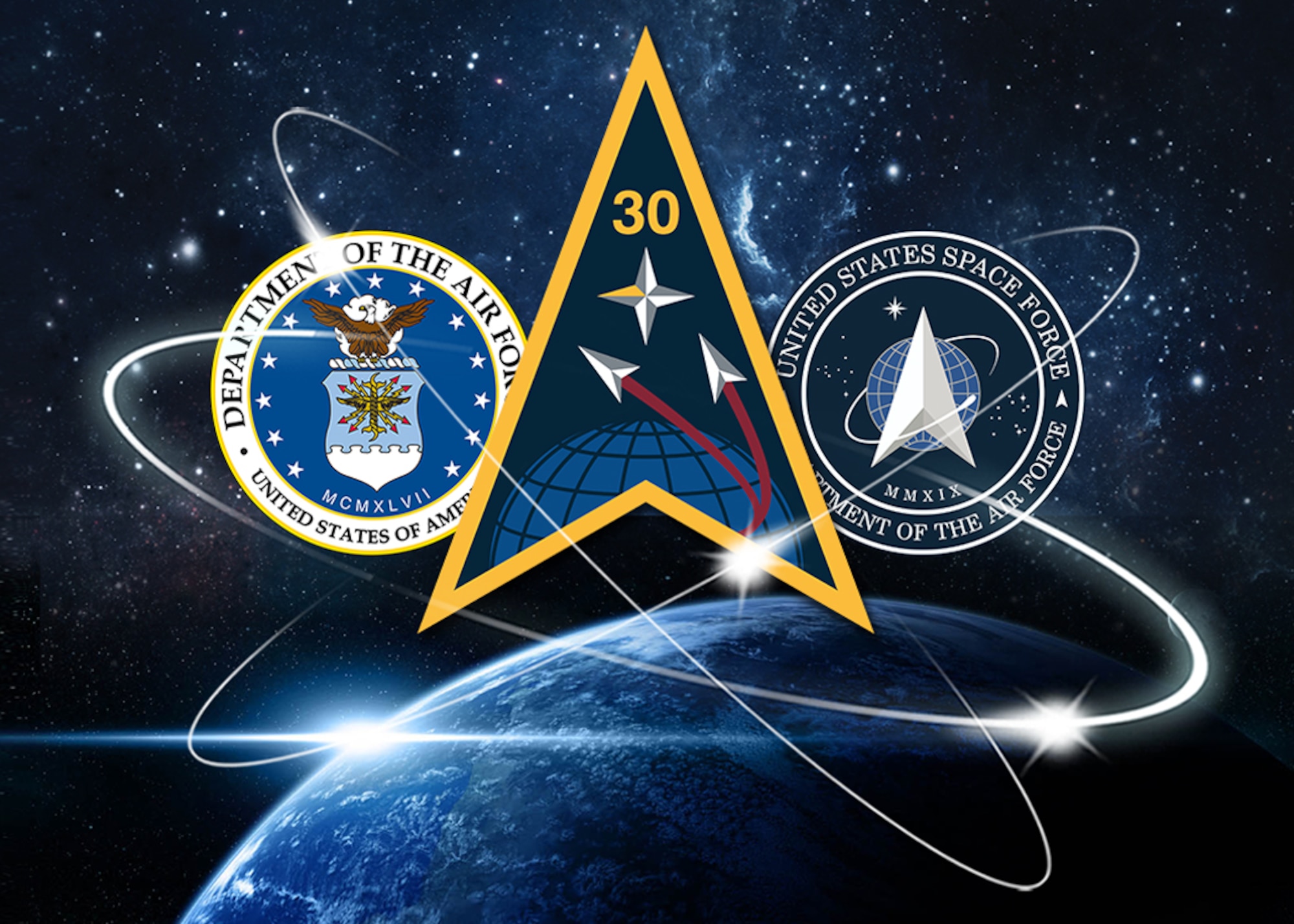 A logo of Space Launch Delta 30, the U.S. Air Force, and the U.S. Space Force