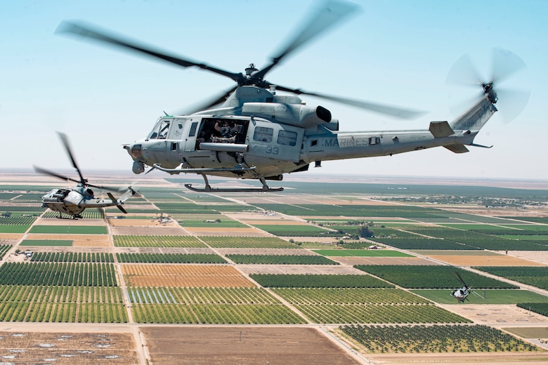 U.S. Marine Corps UH-1Y Venom aircraft attached to Marine Medium Tiltrotor Squadron (VMM) 165 (Reinforced), 15th Marine Expeditionary Unit, transit to Marine Corps Air Station Yuma, Arizona, in support of Realistic Urban Training exercise, Aug. 15, 2023. RUT is a shore-based, MEU-level exercise that provides an opportunity to train and execute operations as a Marine Air-Ground Task Force in urban environments.
