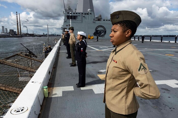 Sailors and Marines man the rails as USS Mesa Verde (LPD 19) makes a scheduled port visit to Dublin, Ireland, Aug. 25, 2023. Mesa Verde, assigned to the Bataan Amphibious Ready Group and embarked 26th MEU(SOC), under the command and control of Task Force 61/2, is on a scheduled deployment in the U.S. Naval Forces Europe area of operations, employed by U.S. Sixth Fleet to defend U.S., allied and partner interests. (U.S. Marine Corps photo by Staff Sgt. Jesus Sepulveda Torres)