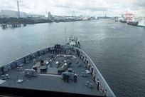 Sailors and Marines man the rails as USS Mesa Verde (LPD 19) makes a scheduled port visit to Dublin, Ireland, Aug. 25, 2023. Mesa Verde, assigned to the Bataan Amphibious Ready Group and embarked 26th MEU(SOC), under the command and control of Task Force 61/2, is on a scheduled deployment in the U.S. Naval Forces Europe area of operations, employed by U.S. Sixth Fleet to defend U.S., allied and partner interests. (U.S. Marine Corps photo by Staff Sgt. Jesus Sepulveda Torres)