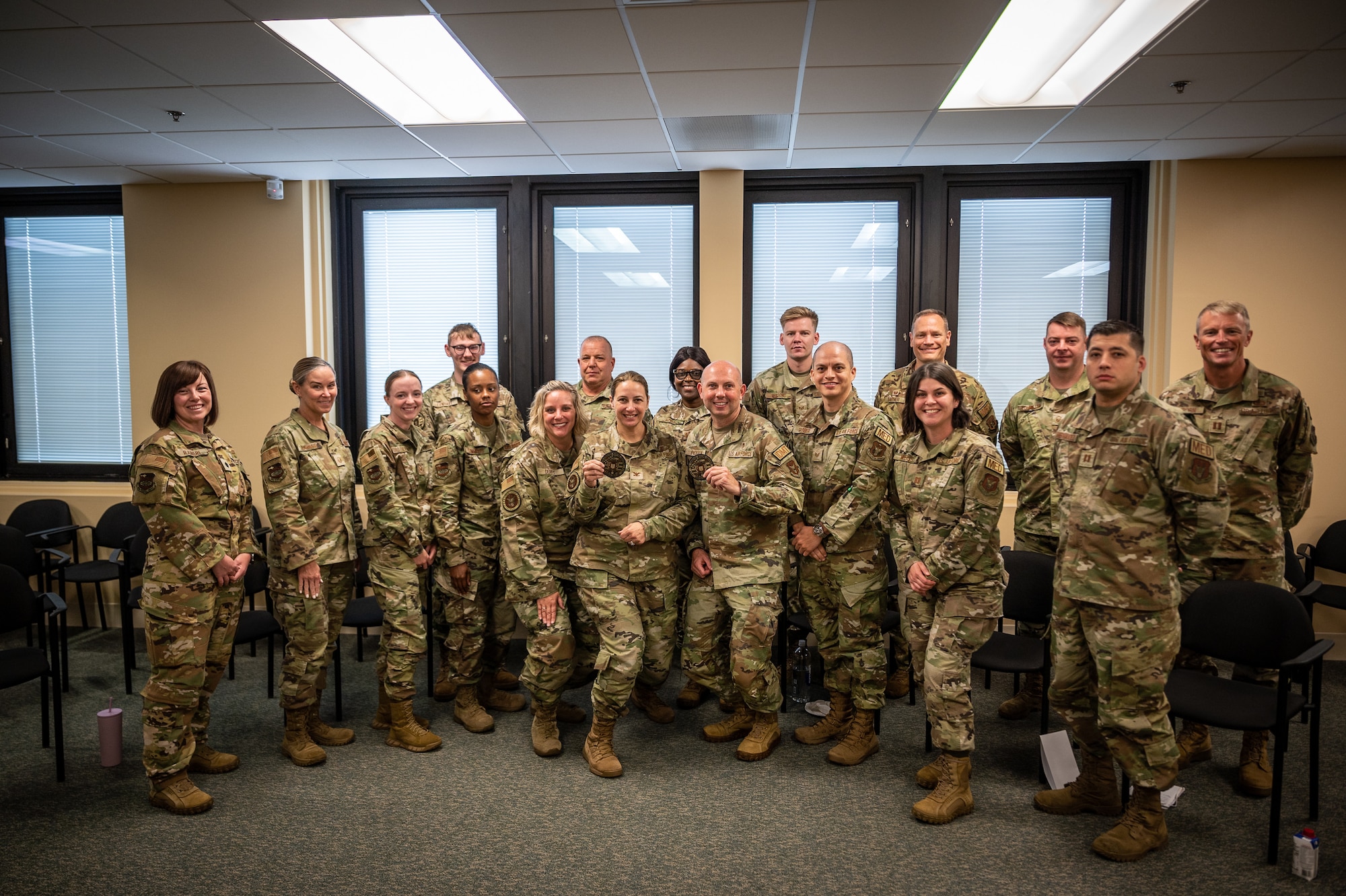 During the August unit training assembly, Citizen Airmen from the 932nd Medical Group were visited by Col. Nichole Hurley, Air Force Reserve Command command nurse, Col. Julianna Olson, AFRC deputy command surgeon, and Senior Master Sgt. J. Allan Pickren, MAJCOM functional manager, Aug. 5, 2023, Scott Air Force Base, Ill. During the visit, the senior leaders imparted invaluable advice, fostering a sense of pride and purpose among the medical Citizen Airmen, and took time to acknowledge some star performers. (U.S. Air Force photo by Christopher Parr)